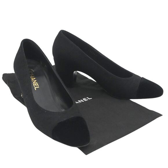 Chanel Black Wool Fabric Velvet Almond Toe Mid Heel Pumps Size 39.5
